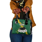Gabon Shoulder Handbag - Black Panther Graphic and Hibiscus Flower Design in National Colors