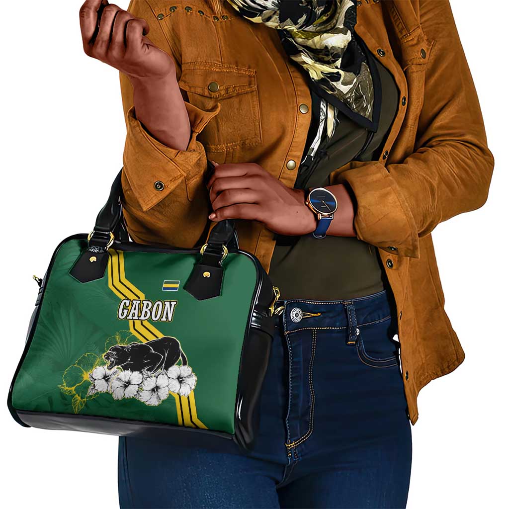 Gabon Shoulder Handbag - Black Panther Graphic and Hibiscus Flower Design in National Colors