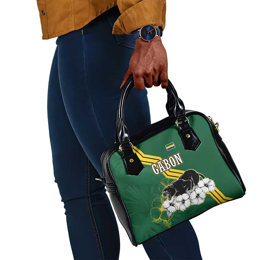 Gabon Shoulder Handbag - Black Panther Graphic and Hibiscus Flower Design in National Colors