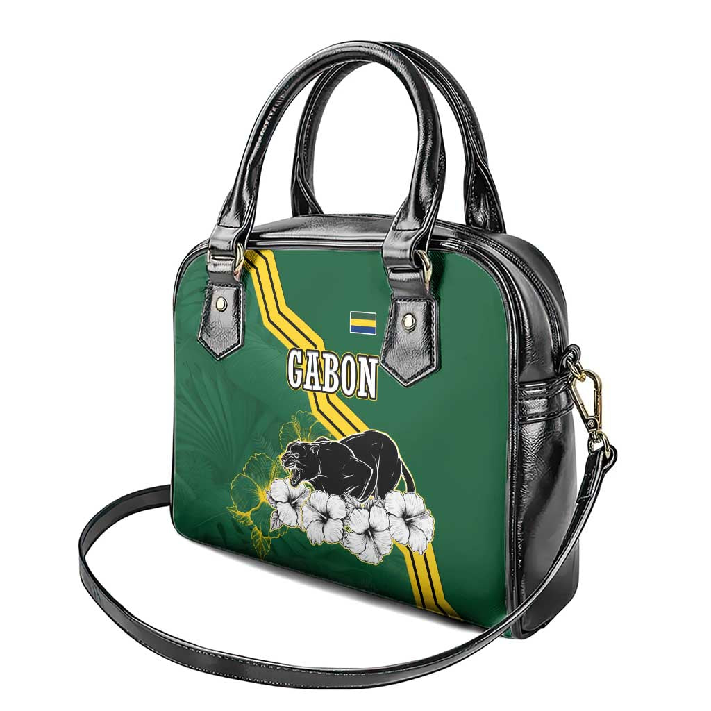 Gabon Shoulder Handbag - Black Panther Graphic and Hibiscus Flower Design in National Colors