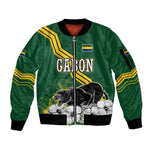 Gabon Sleeve Zip Bomber Jacket - Black Panther Graphic and Hibiscus Flower Design in National Colors
