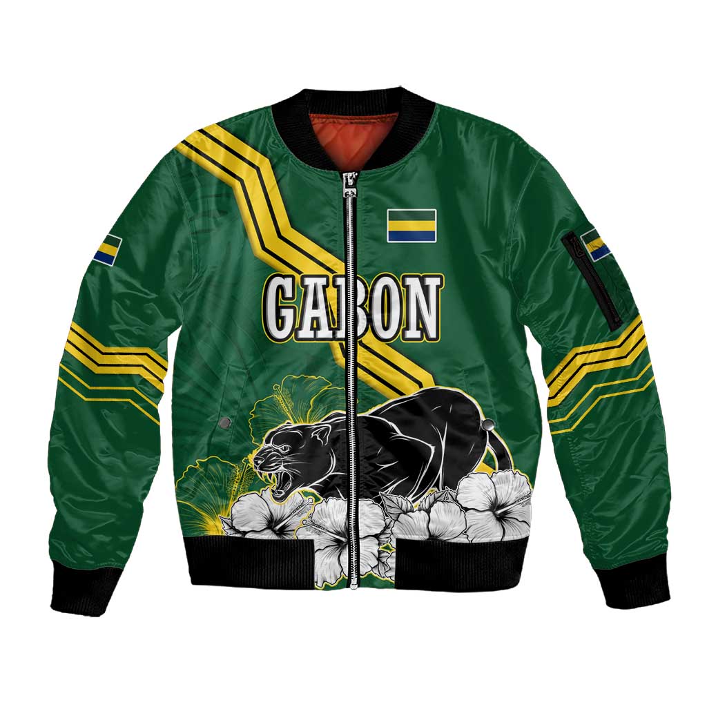 Gabon Sleeve Zip Bomber Jacket - Black Panther Graphic and Hibiscus Flower Design in National Colors