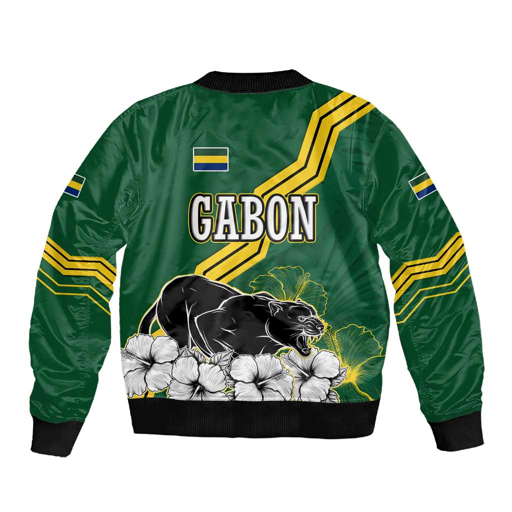 Gabon Sleeve Zip Bomber Jacket - Black Panther Graphic and Hibiscus Flower Design in National Colors