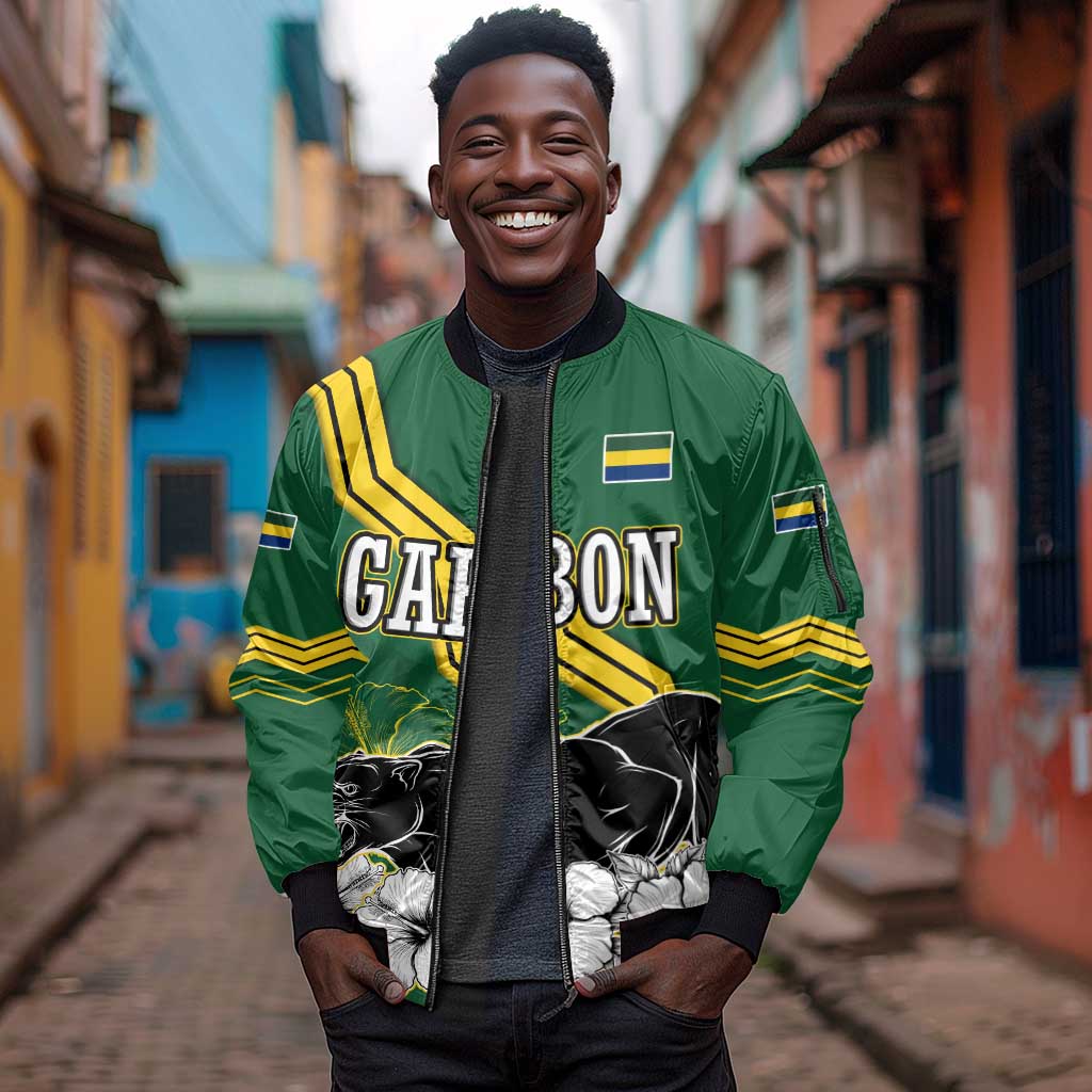 Gabon Sleeve Zip Bomber Jacket - Black Panther Graphic and Hibiscus Flower Design in National Colors