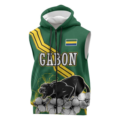 Gabon Sleeveless Zip Hoodie - Black Panther Graphic and Hibiscus Flower Design in National Colors - African Pride