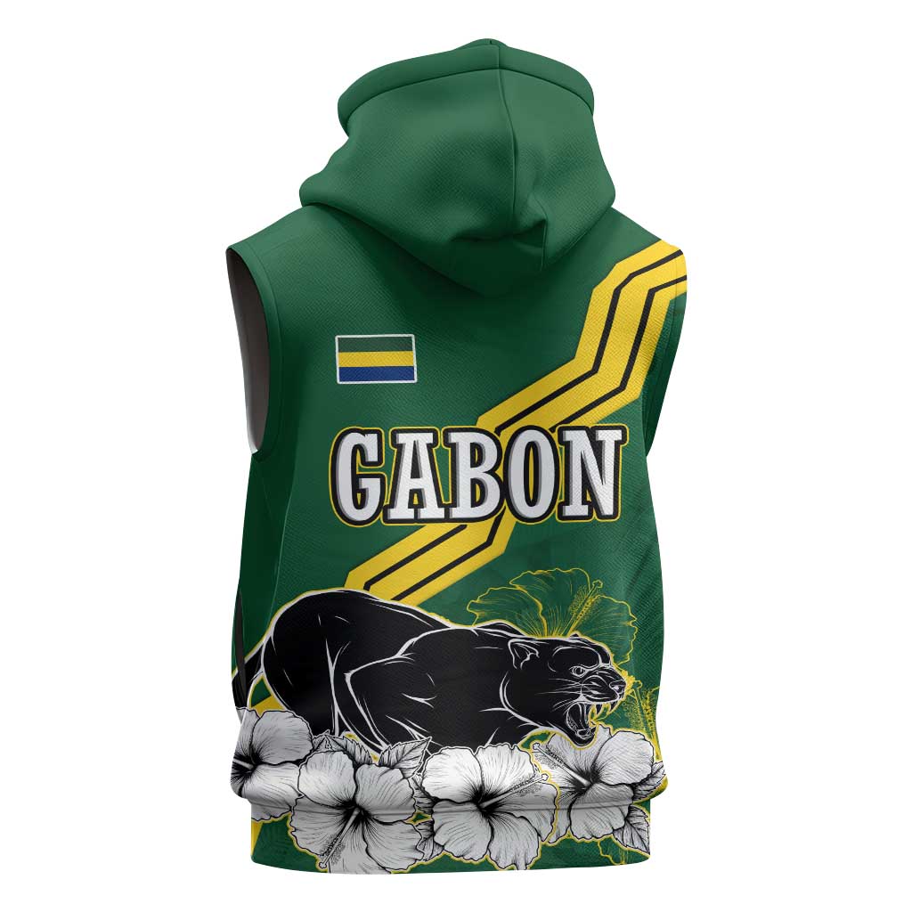 Gabon Sleeveless Zip Hoodie - Black Panther Graphic and Hibiscus Flower Design in National Colors - African Pride