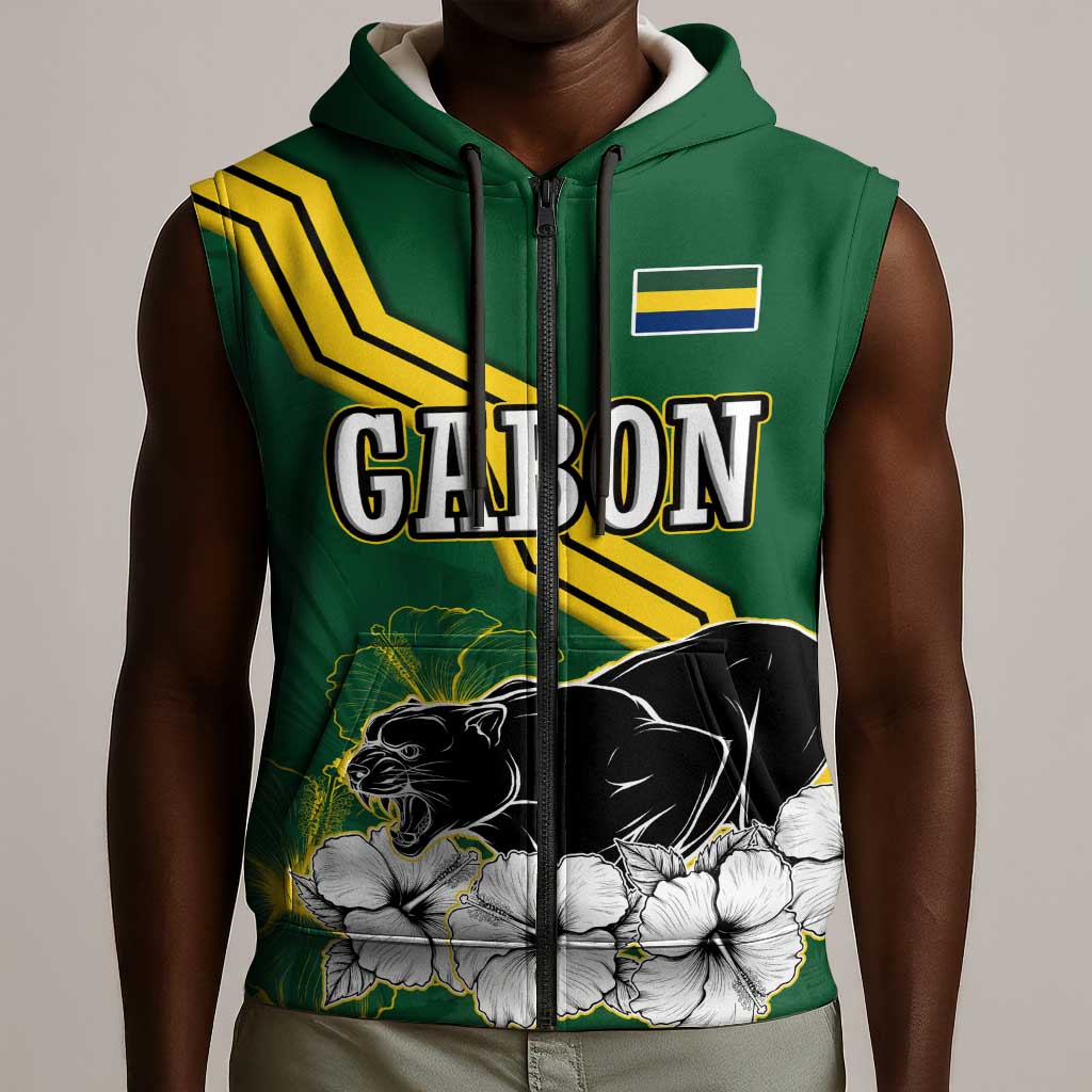 Gabon Sleeveless Zip Hoodie - Black Panther Graphic and Hibiscus Flower Design in National Colors - African Pride
