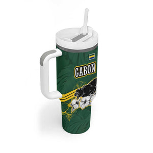 Gabon Tumbler With Handle - Black Panther Graphic and Hibiscus Flower Design in National Colors
