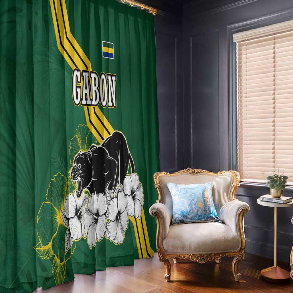 Gabon Window Curtain - Black Panther Graphic and Hibiscus Flower Design in National Colors