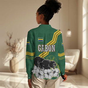 Gabon Women Casual Shirt - Black Panther Graphic and Hibiscus Flower Design in National Colors