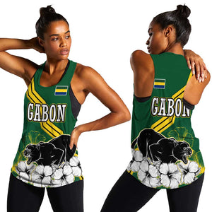Gabon Women Racerback Tank - Black Panther Graphic and Hibiscus Flower Design in National Colors