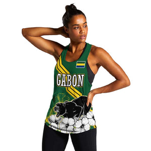 Gabon Women Racerback Tank - Black Panther Graphic and Hibiscus Flower Design in National Colors