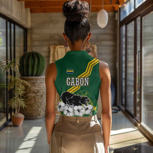 Gabon Women Sleeveless Polo Shirt - Black Panther Graphic and Hibiscus Flower Design in National Colors