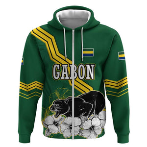 Gabon Zip Hoodie - Black Panther Graphic and Hibiscus Flower Design in National Colors