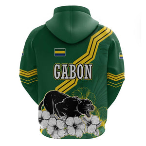 Gabon Zip Hoodie - Black Panther Graphic and Hibiscus Flower Design in National Colors