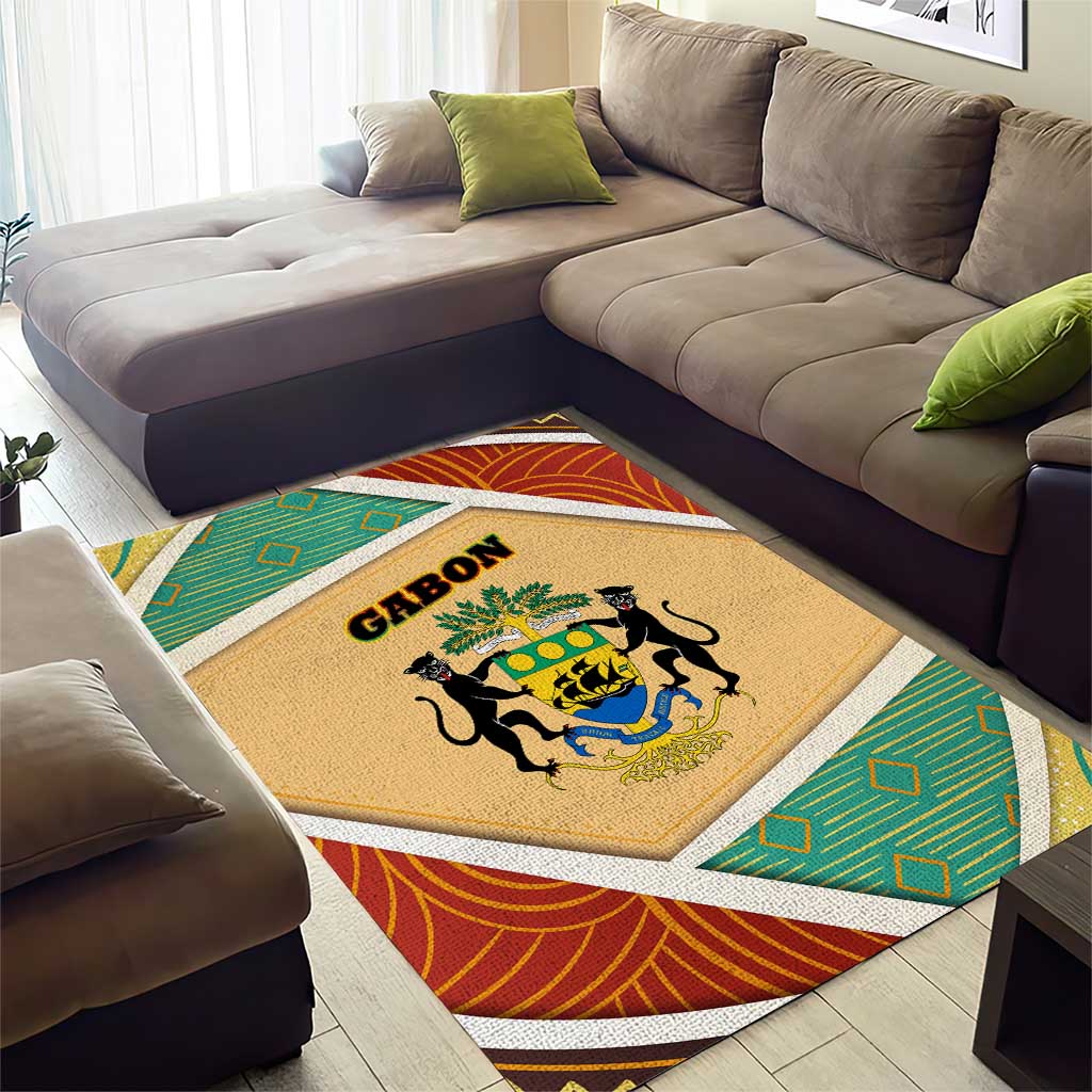 Gabon Area Rug - National Coat of Arms and Tribal Pattern Map Design in Bold Colors