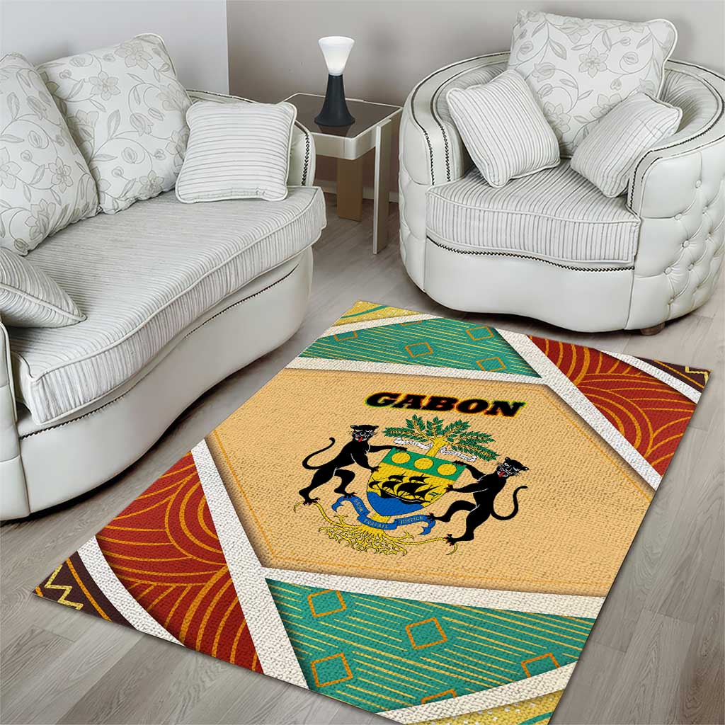 Gabon Area Rug - National Coat of Arms and Tribal Pattern Map Design in Bold Colors