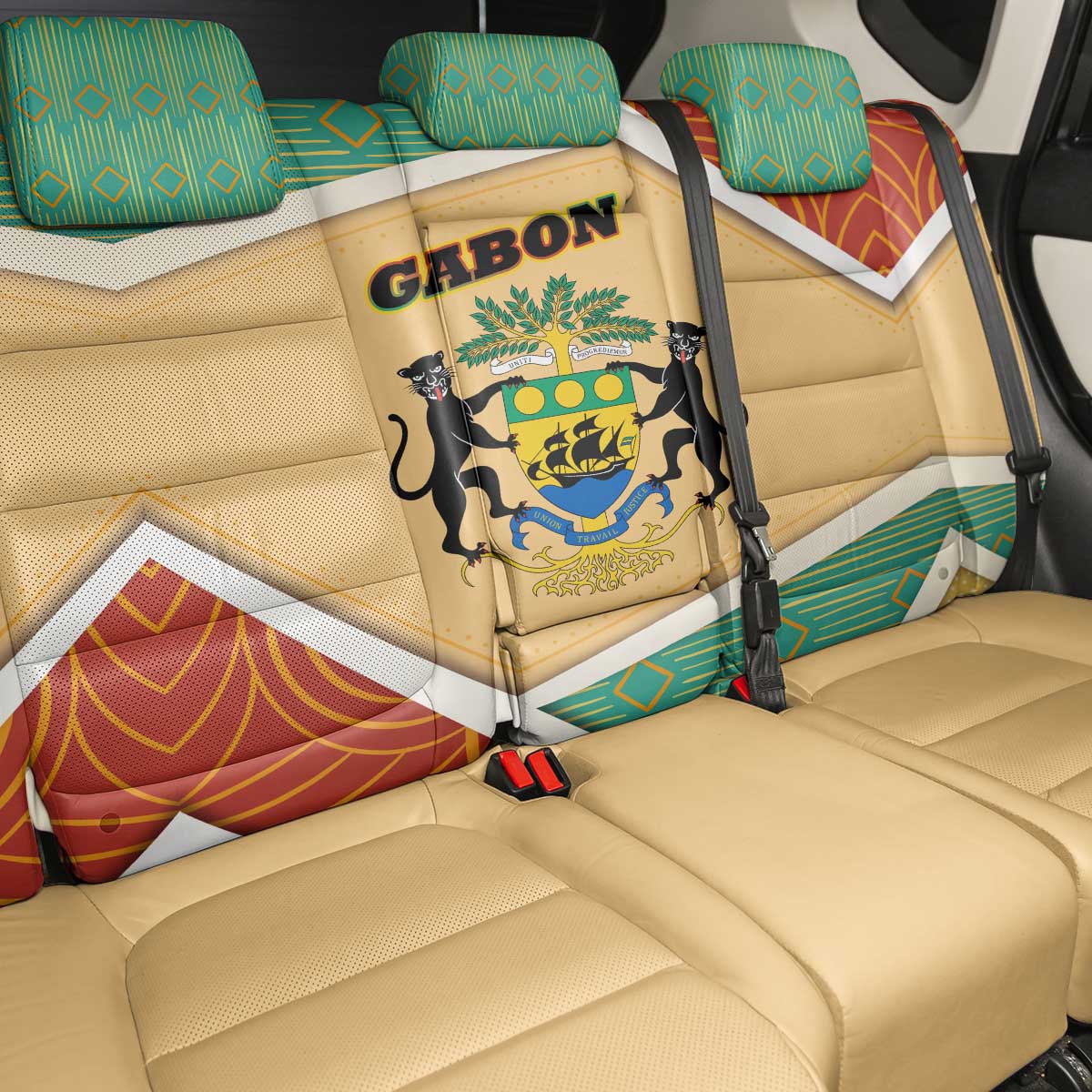 Gabon Back Car Seat Cover - National Coat of Arms and Tribal Pattern Map Design in Bold Colors