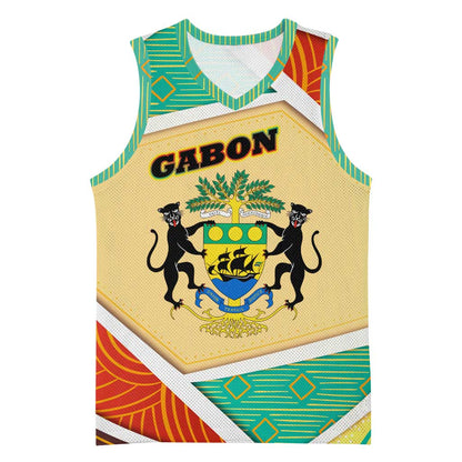 Gabon Basketball Jersey - National Coat of Arms and Tribal Pattern Map Design in Bold Colors TS04