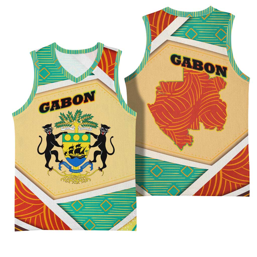 Gabon Basketball Jersey - National Coat of Arms and Tribal Pattern Map Design in Bold Colors TS04
