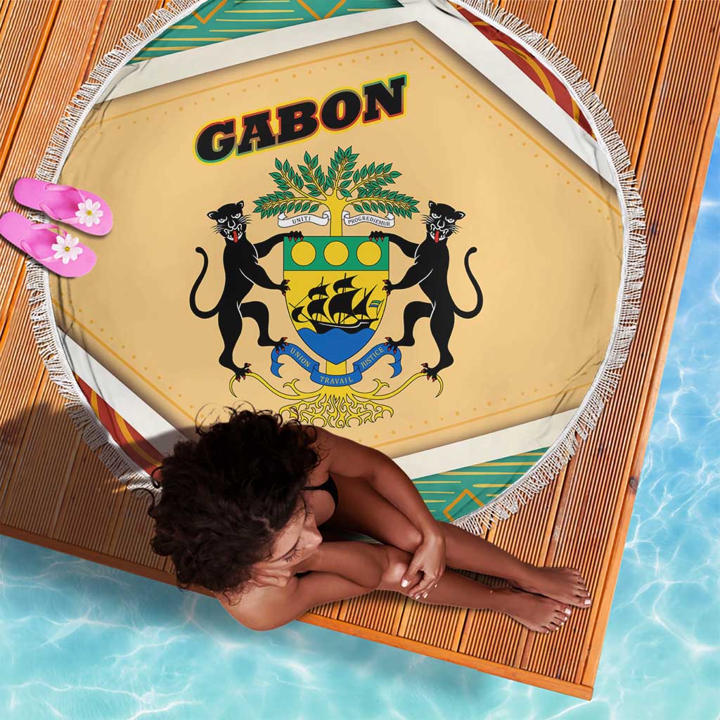 Gabon Beach Blanket - National Coat of Arms and Tribal Pattern Map Design in Bold Colors