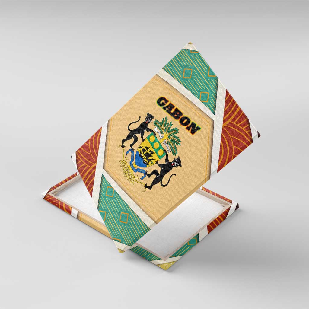 Gabon Canvas Wall Art - National Coat of Arms and Tribal Pattern Map Design in Bold Colors