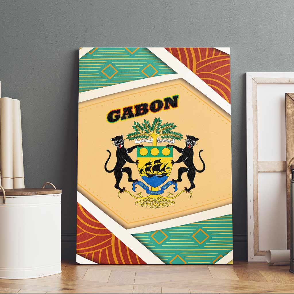 Gabon Canvas Wall Art - National Coat of Arms and Tribal Pattern Map Design in Bold Colors