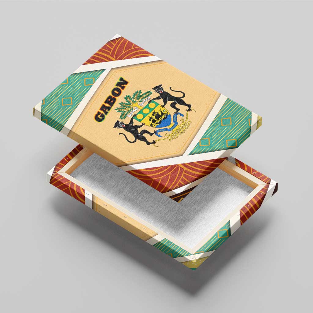 Gabon Canvas Wall Art - National Coat of Arms and Tribal Pattern Map Design in Bold Colors