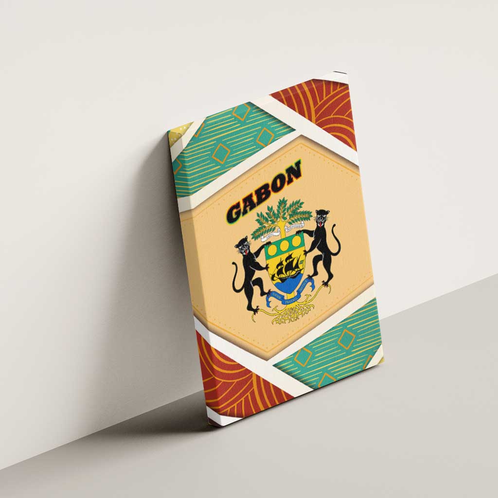 Gabon Canvas Wall Art - National Coat of Arms and Tribal Pattern Map Design in Bold Colors