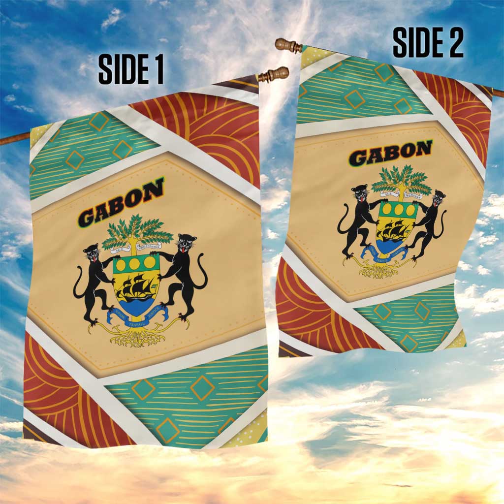 Gabon Garden Flag - National Coat of Arms and Tribal Pattern Map Design in Bold Colors