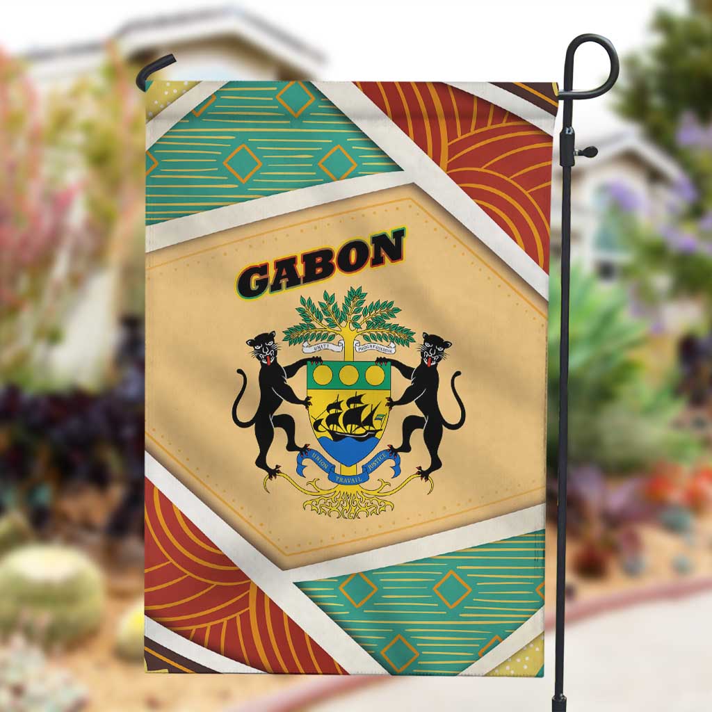 Gabon Garden Flag - National Coat of Arms and Tribal Pattern Map Design in Bold Colors