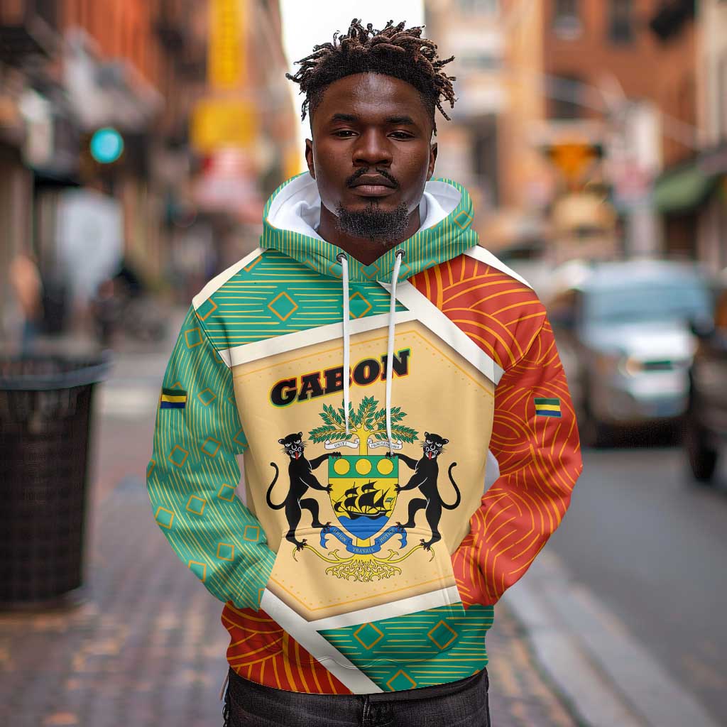 Gabon Hoodie - National Coat of Arms and Tribal Pattern Map Design in Bold Colors
