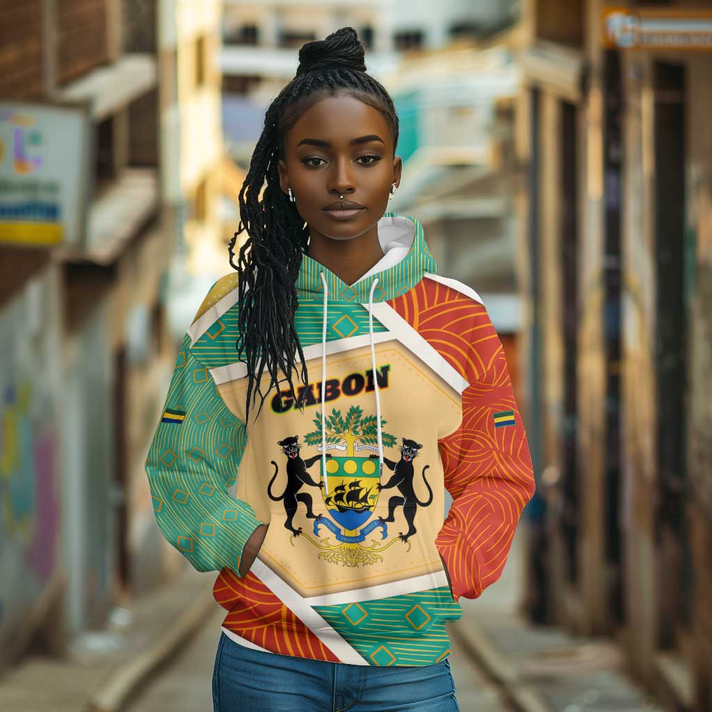 Gabon Hoodie - National Coat of Arms and Tribal Pattern Map Design in Bold Colors