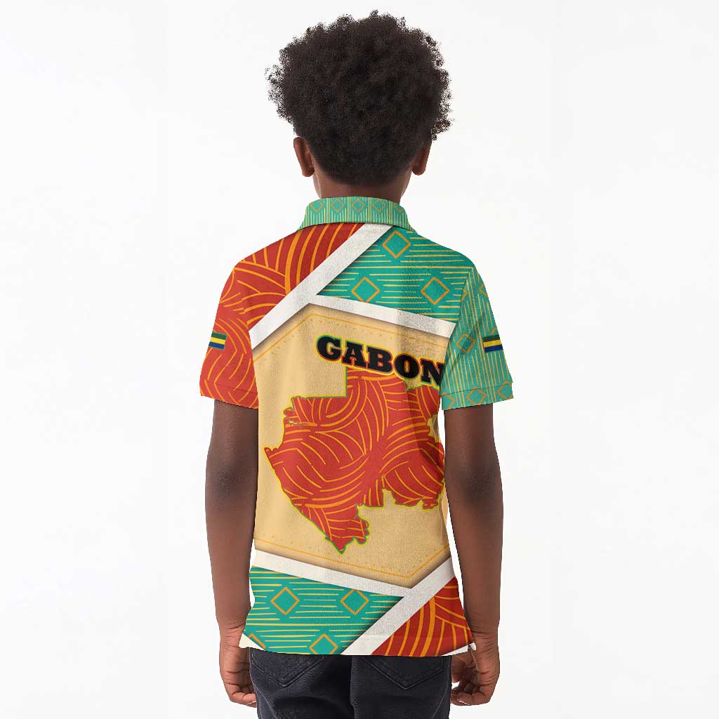 Gabon Kid Polo Shirt - National Coat of Arms and Tribal Pattern Map Design in Bold Colors