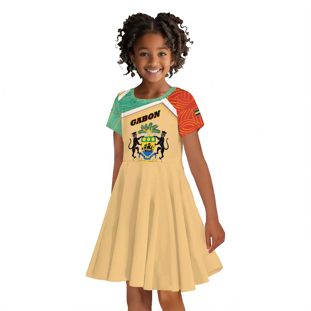 Gabon Kid Short Sleeve Dress - National Coat of Arms and Tribal Pattern Map Design in Bold Colors