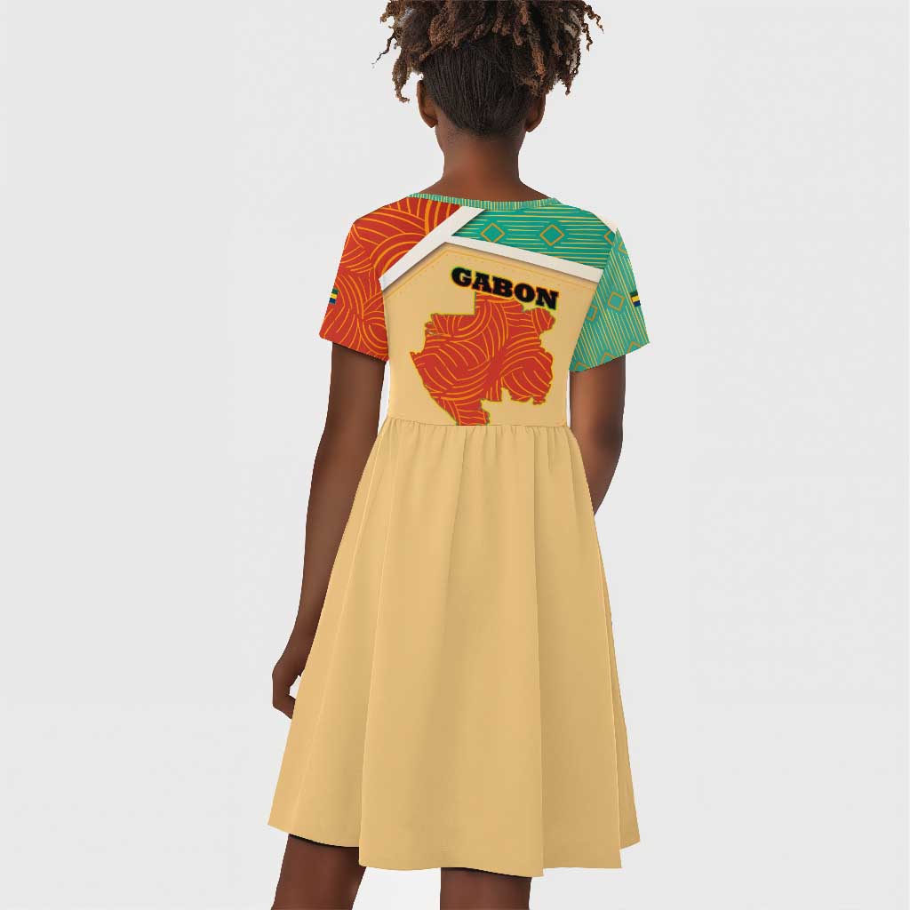 Gabon Kid Short Sleeve Dress - National Coat of Arms and Tribal Pattern Map Design in Bold Colors