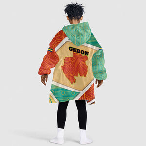 Gabon Kid Wearable Blanket Hoodie - National Coat of Arms and Tribal Pattern Map Design in Bold Colors