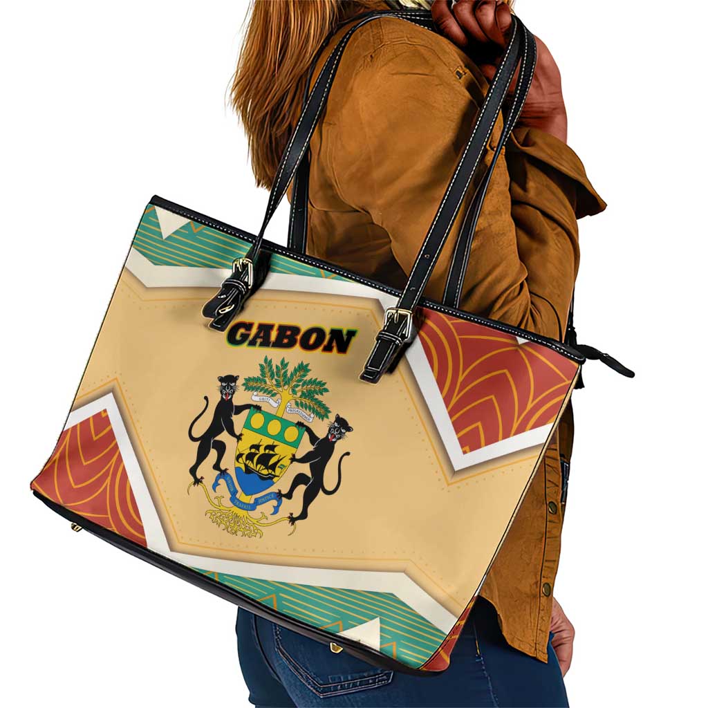 Gabon Leather Tote Bag - National Coat of Arms and Tribal Pattern Map Design in Bold Colors