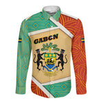Gabon Long Sleeve Button Shirt - National Coat of Arms and Tribal Pattern Map Design in Bold Colors