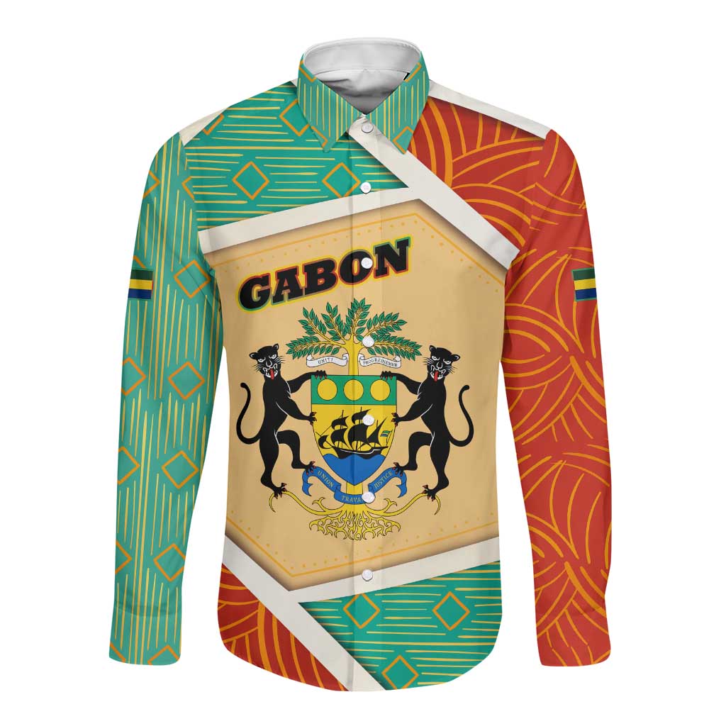Gabon Long Sleeve Button Shirt - National Coat of Arms and Tribal Pattern Map Design in Bold Colors