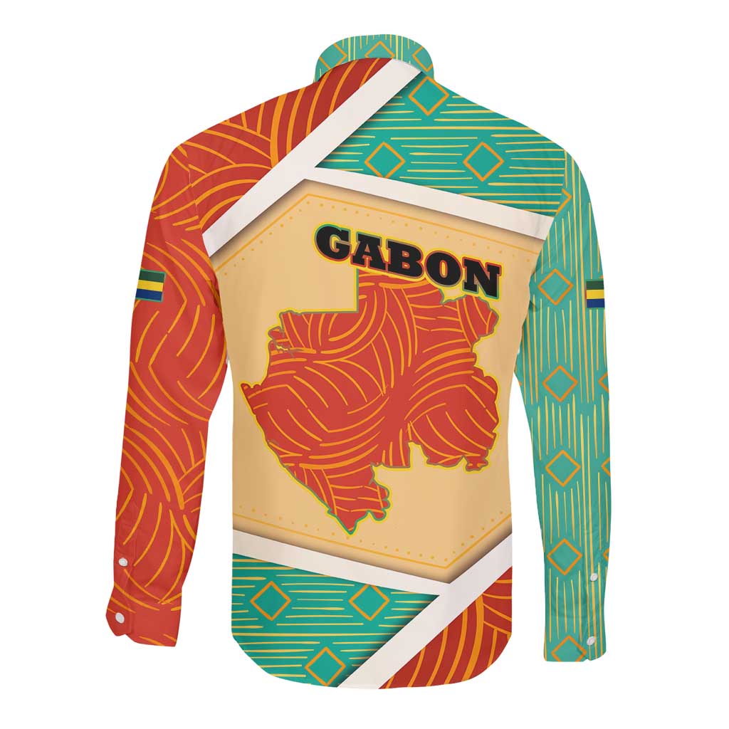 Gabon Long Sleeve Button Shirt - National Coat of Arms and Tribal Pattern Map Design in Bold Colors