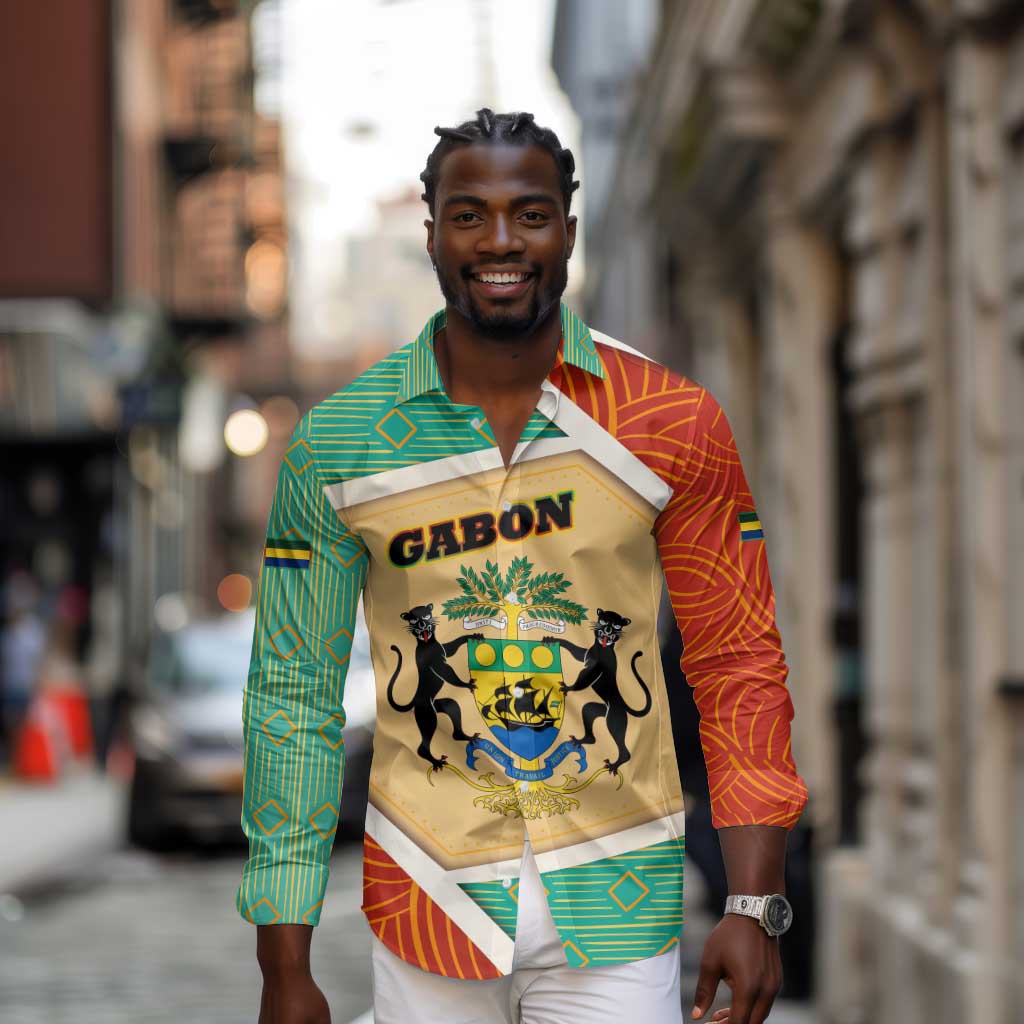 Gabon Long Sleeve Button Shirt - National Coat of Arms and Tribal Pattern Map Design in Bold Colors