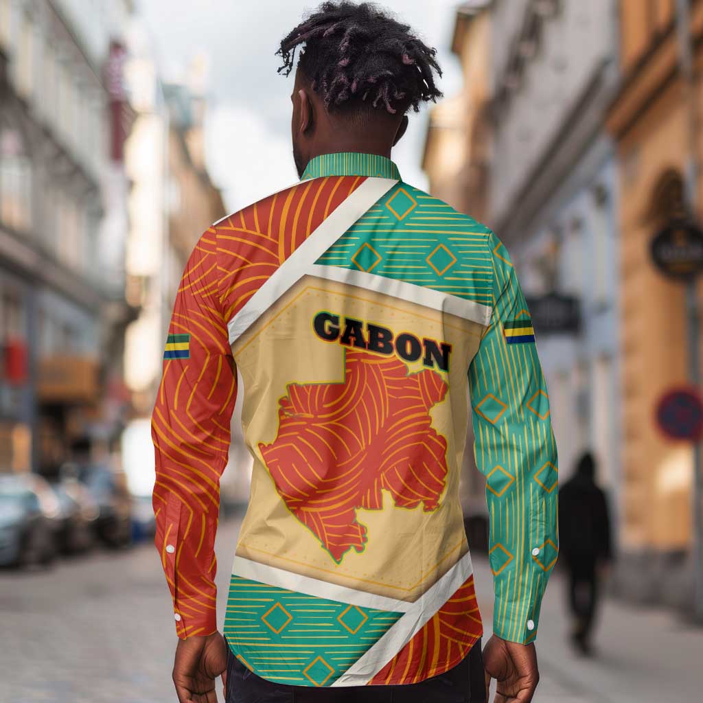 Gabon Long Sleeve Button Shirt - National Coat of Arms and Tribal Pattern Map Design in Bold Colors