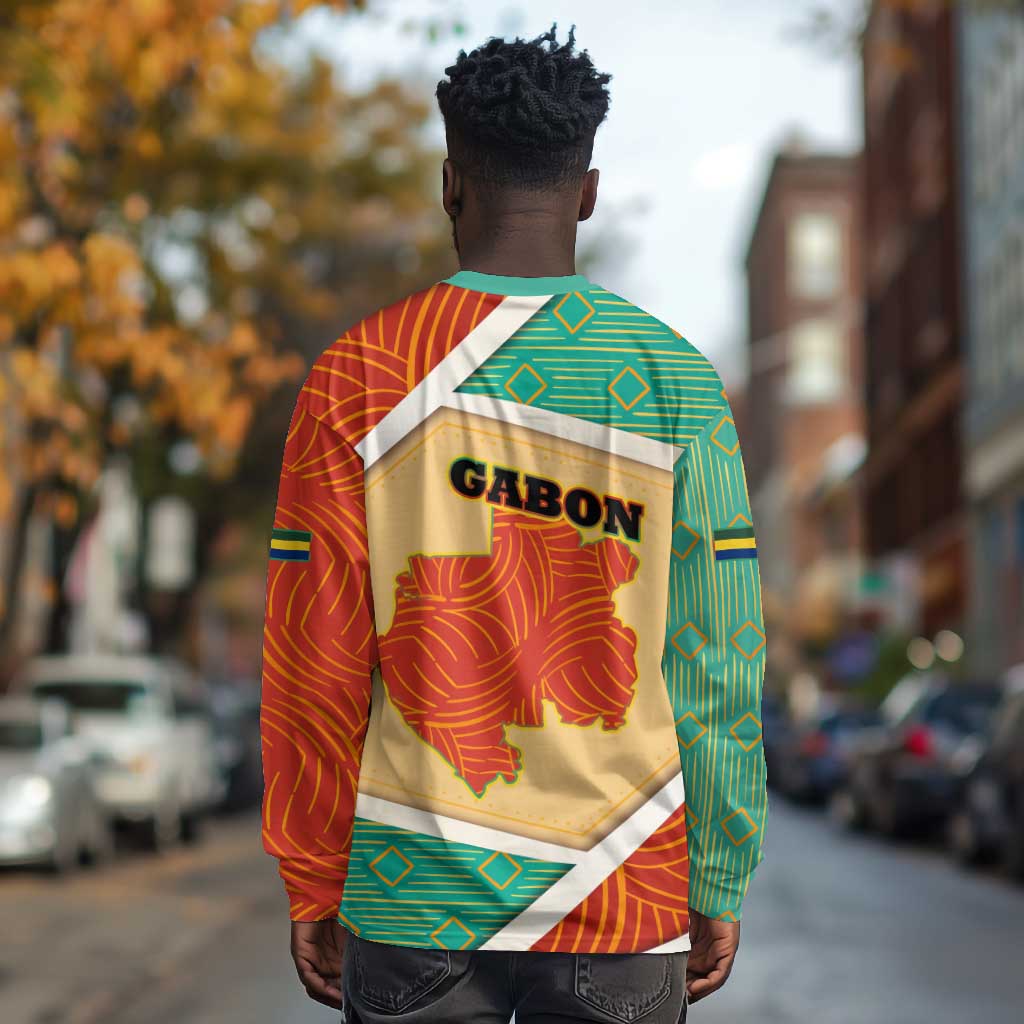 Gabon Long Sleeve Shirt - National Coat of Arms and Tribal Pattern Map Design in Bold Colors