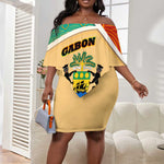 Gabon Off Shoulder Short Dress - National Coat of Arms and Tribal Pattern Map Design in Bold Colors