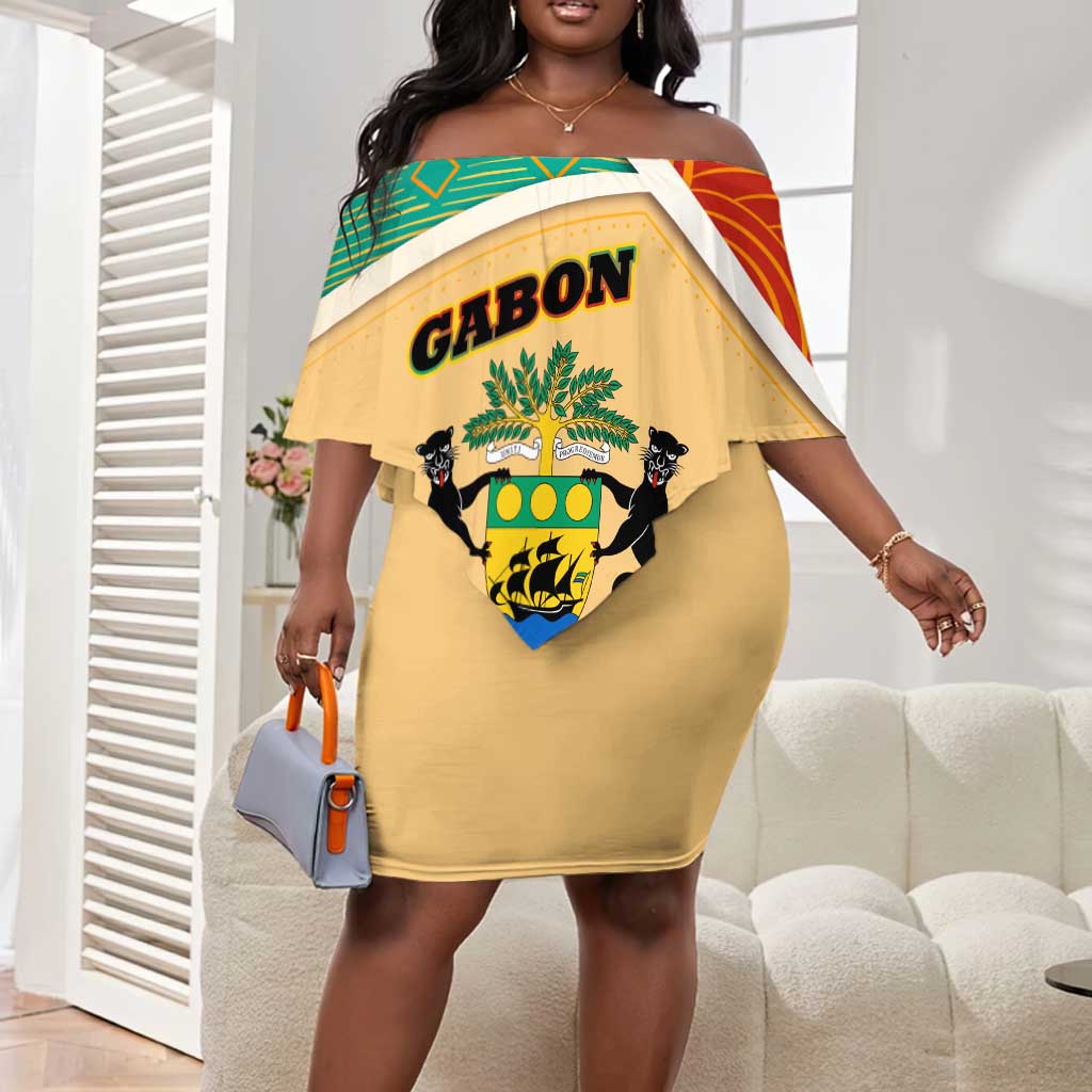 Gabon Off Shoulder Short Dress - National Coat of Arms and Tribal Pattern Map Design in Bold Colors
