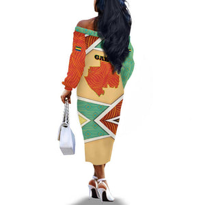 Gabon Off The Shoulder Long Sleeve Dress - National Coat of Arms and Tribal Pattern Map Design in Bold Colors