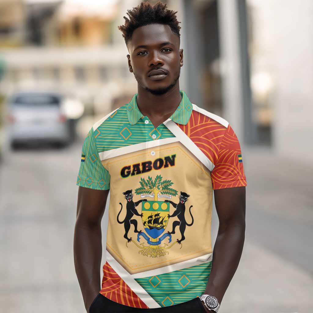 Gabon Polo Shirt - National Coat of Arms and Tribal Pattern Map Design in Bold Colors