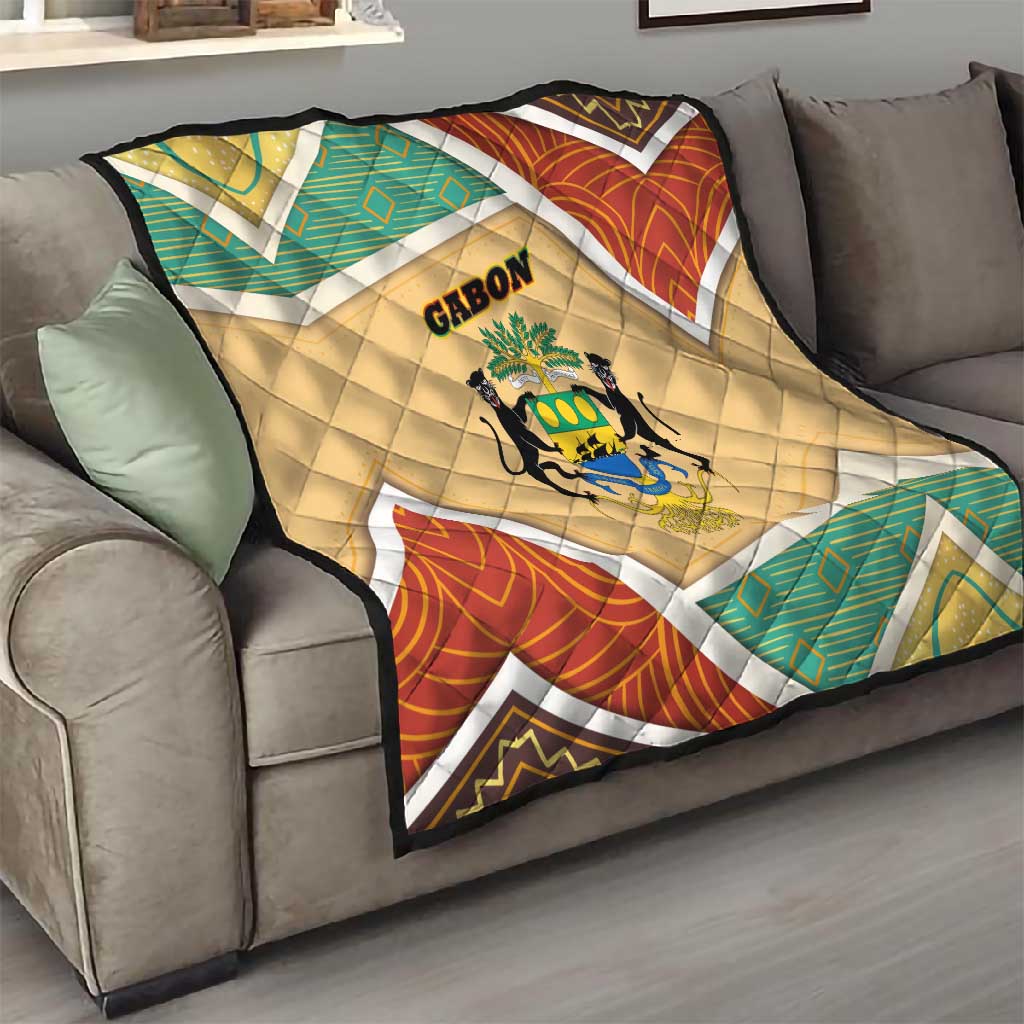Gabon Quilt - National Coat of Arms and Tribal Pattern Map Design in Bold Colors