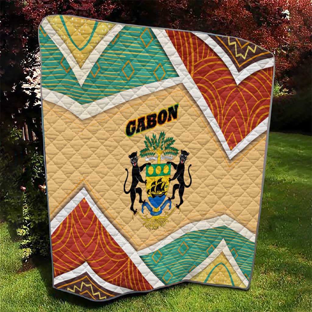 Gabon Quilt - National Coat of Arms and Tribal Pattern Map Design in Bold Colors